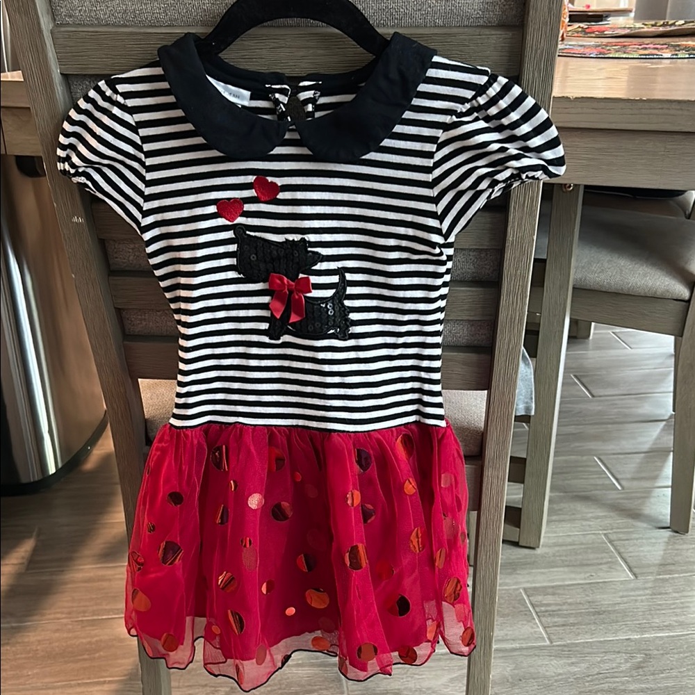 Striped Black and White with Red Girl’s Dress with Dog Design